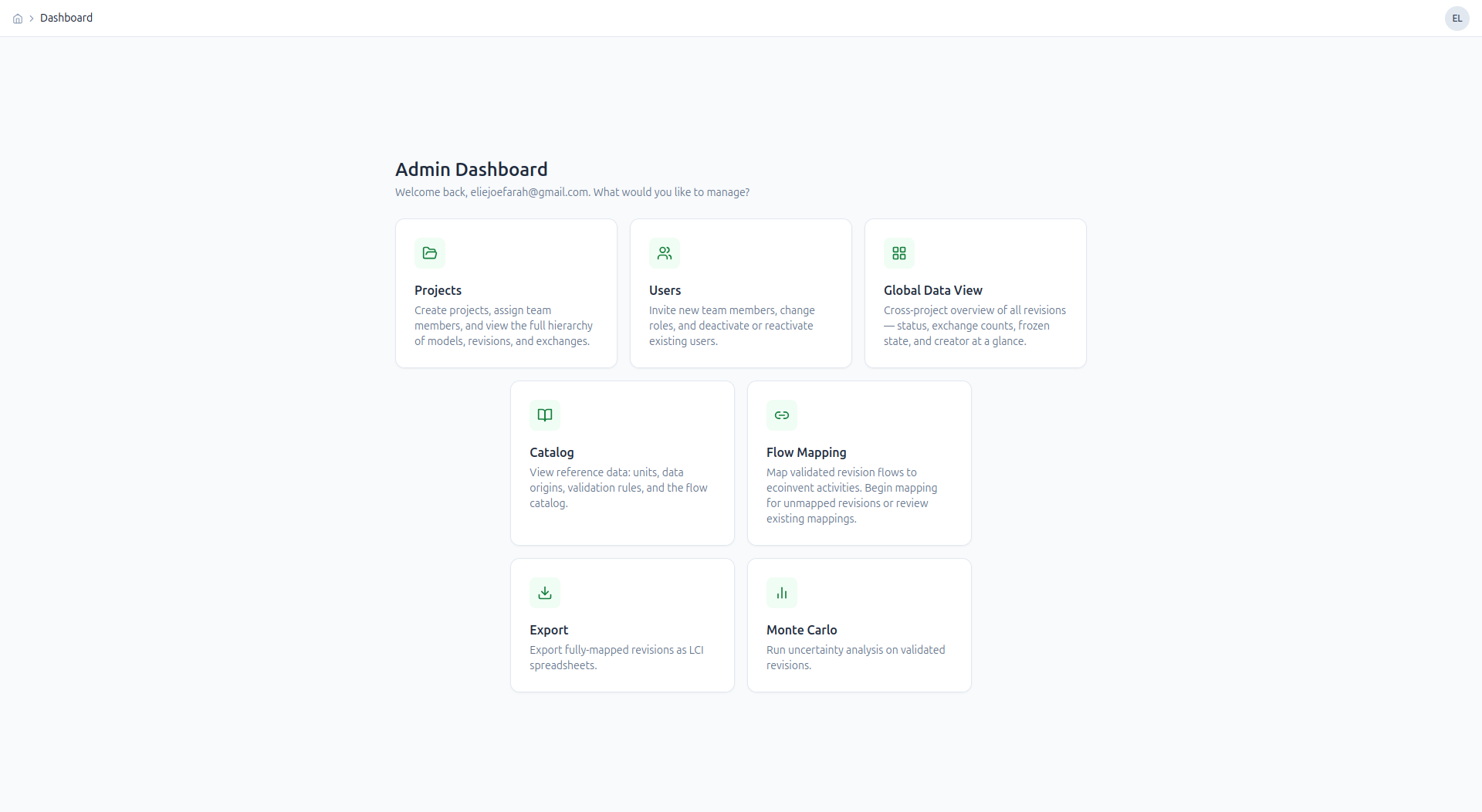 BatteryLCATool admin dashboard